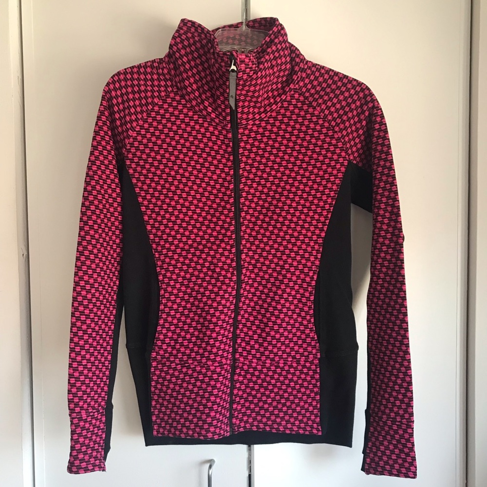 Lululemon sweatshirt jacket. Length comes down past your buttocks.